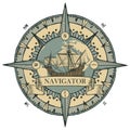 Emblem with a wind rose, old compass and sailboat Royalty Free Stock Photo