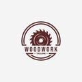 Emblem of Wood Saws Carpenter Carpentry Vintage Logo, Illustration Vector Design of Sawmill Concept, Forest Wooden Log