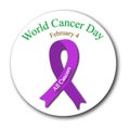 Emblem on World Cancer Day. 4 February. Lilac ribbon. Vector illustration on isolated background