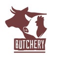 Emblems butcher. Butchery shop labels, domestic animals silhouette and text. Cow pig and rooster heads. Meat market logo