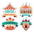 Emblems Circus show. Retro festival signboards. Carnival invitational banners. Fun event labels. Badges set with striped