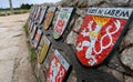 Emblems coats of arms of towns located along river Labe Elbe at the spring of river Labe, Krkonose - Giant Mountains Royalty Free Stock Photo