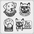 Emblems with dogs portrait for Pets Shop. Cute friendly pets characters. French Bulldog and Golden Retriever. Royalty Free Stock Photo