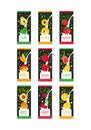 Emblems for fruit milk. 9 various tastes pear, pineapple, strawberry, mango, raspberry, guava, apricot, cherry, lemon