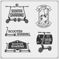 Emblems and icons of rental electric scooter. Ecological transport sharing, renting street transport mobile app.