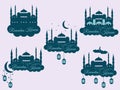 Emblems for islamic holiday Ramadan. Ramadan Kareem, blue mosque, minaret, lantern and moon, muslim holiday lights.