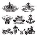 Emblems or logo designs for club of bikers. Illustrations of custom motorcycles and choppers Royalty Free Stock Photo