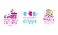 Emblems with Milkshake and Marshmallow as Sweet and Sugary Confectionery Vector Set