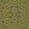 Emboss Baroque greek style 3d seamless pattern. Embossed green floral background. Textured repeat backdrop. Surface Baroque Damask