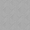 Emboss borders 3d seamless pattern. Embossed greek border surface white background. Repeat stripes and lines relief ornament. Royalty Free Stock Photo