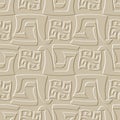 Emboss textured greek 3d seamless pattern. Embossed relief light background. Greek key meanders surface geometric ornament. Royalty Free Stock Photo