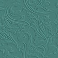 Embossed floral Baroque 3d seamless pattern. Leafy relief grunge background. Repeat textured blue vector backdrop. Surface leaves Royalty Free Stock Photo