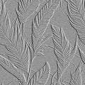 Embossed leafy 3d seamless pattern. Denim jeans textured grunge floral relief background. Repeat vector backdrop. Surface emboss