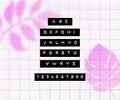 Embossed letters tape font. Vintage adhesive label type. Vector alphabet on tiles background with pink tropic palm