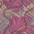Embossed tropical leafy 3d seamless pattern with chains. Tropic leaves relief colorful background. Repeat textured backdrop.