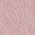 Embossed tropical leafy 3d seamless pattern. Tropic leaves relief pink background. Repeat textured pink backdrop. Surface emboss