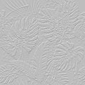 Embossed tropical palm leaves 3d seamless pattern. Tropic leaves relief white background. Repeat textured white backdrop. Surface