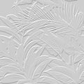 Embossed tropical palm leaves white 3d seamless pattern. Beautiful floral relief background. Repeat textured vector backdrop.