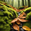 The forest floor is a canvas of vibrant leaves and lively green moss.