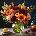 Seasonal Splendor: Vibrant Bouquet with Spring Blossoms and Autumnal Hues, Generative AI