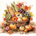 Watercolor art - Rustic cornucopia with autumn fruits and vegetables Royalty Free Stock Photo