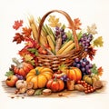 Watercolor art - Rustic cornucopia with autumn fruits and vegetables Royalty Free Stock Photo