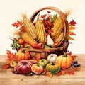 Watercolor art - Rustic cornucopia with autumn fruits and vegetables Royalty Free Stock Photo