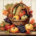 Watercolor art - Rustic cornucopia with autumn fruits and vegetables Royalty Free Stock Photo