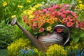 Watering can surrounded by a colorful array of flowers (Generative AI)