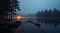 A rainy evening by foggy lake