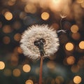 mature white dandelion macro, bright lights in the background