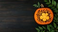 Embrace elegance this Halloween with minimalist pumpkin carving soft floral patterns, glowing warmly on a rustic table Royalty Free Stock Photo