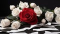 Romantic greeting card of red rose against black and white roses Royalty Free Stock Photo