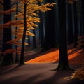 Contrast of Seasons: Black Wood with Vibrant Orange Leaves. AI Generated