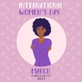 Embrace equity black woman embrace yourself 2023 purple square illustration. International womens day concept, self love