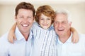Embrace, father and grandfather or son portrait with smile for bonding, love and relax with generations. Happy family Royalty Free Stock Photo