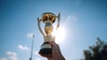 Hand holding golden trophy under the sunlight with blue sky background