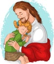 The Embrace of God. Jesus hugging girl vector cartoon illustration