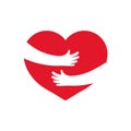 Embrace of heart. Icon of hug with heart with help hands. Logo of warm, love and care. Arm, heart hug yourself. Symbol of family Royalty Free Stock Photo