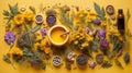 Holistic medicine approach. Healthy food eating, dietary supplements, healing herbs and flowers on yellow background, top view Royalty Free Stock Photo