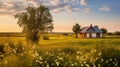 Charm of a cozy cottage surrounded by a meadow during sunset