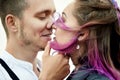 Embrace and kiss a couple in love on a spring morning in nature. Valentine`s day, a close relationship between a man and a woman. Royalty Free Stock Photo