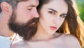 Embrace and kiss for couple in love. Young lovers couple. Beautiful young sensual woman love affectionate man. Sensual Royalty Free Stock Photo