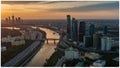 Sunrise over Moscow City district and Moscow river Royalty Free Stock Photo