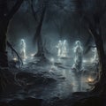 Moonlit Enchantment: Ethereal Figures in Enchanted Woods. Generative AI