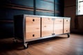 Industrial Chic: Metal and Wood Sideboard with Clean Lines on White Background