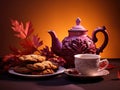 Autumnal Tea Time: Delicate Porcelain Teapot and Leaf-Shaped Cookies on a Rich Plum Canvas