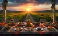 Bounty from Farm to Table Honoring a Bountiful Harvest Amidst a Radiant Sunset Setting on a Wooden Banquet