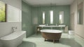 Minimalist wooden bathroom in green and beige tones. Freestanding