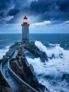 In the embrace of a stormy sky, the lighthouse stands as a nautical beacon, its light piercing through the tumult of